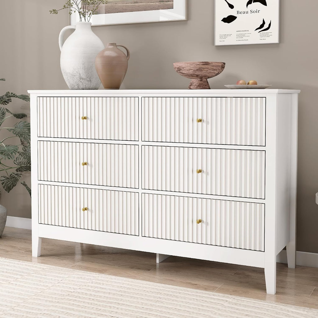 White Dresser for Bedroom, 6 Drawers Fluted Chest of Drawers with Storage, Modern 47'' Wide Dresser with Paint Design, Wood Drawer Organizer Dressers for Entryway, Hallway