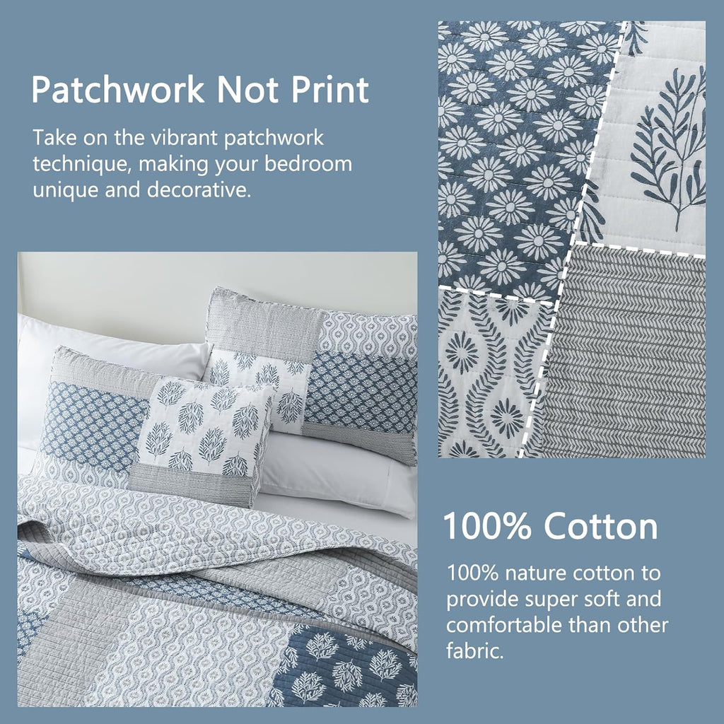 Finlonte Quilts Queen Size, 100% Cotton Queen Comforter Set, Blue Grey Farmhouse Quilted Bedspread, Patchwork Lightweight Reversible Quilt Bedding Set for Queen Bed, 3-Pieces