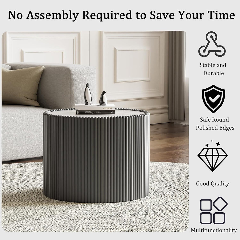 Round Coffee Table Set, 29.52' Grey Drum Center Table and 17.71' Grey Coffee Table Set, 2 Pieces Living Room Table Set with Sintered Stone Tabletop,Fluted PU Leather Covered and Stable Base