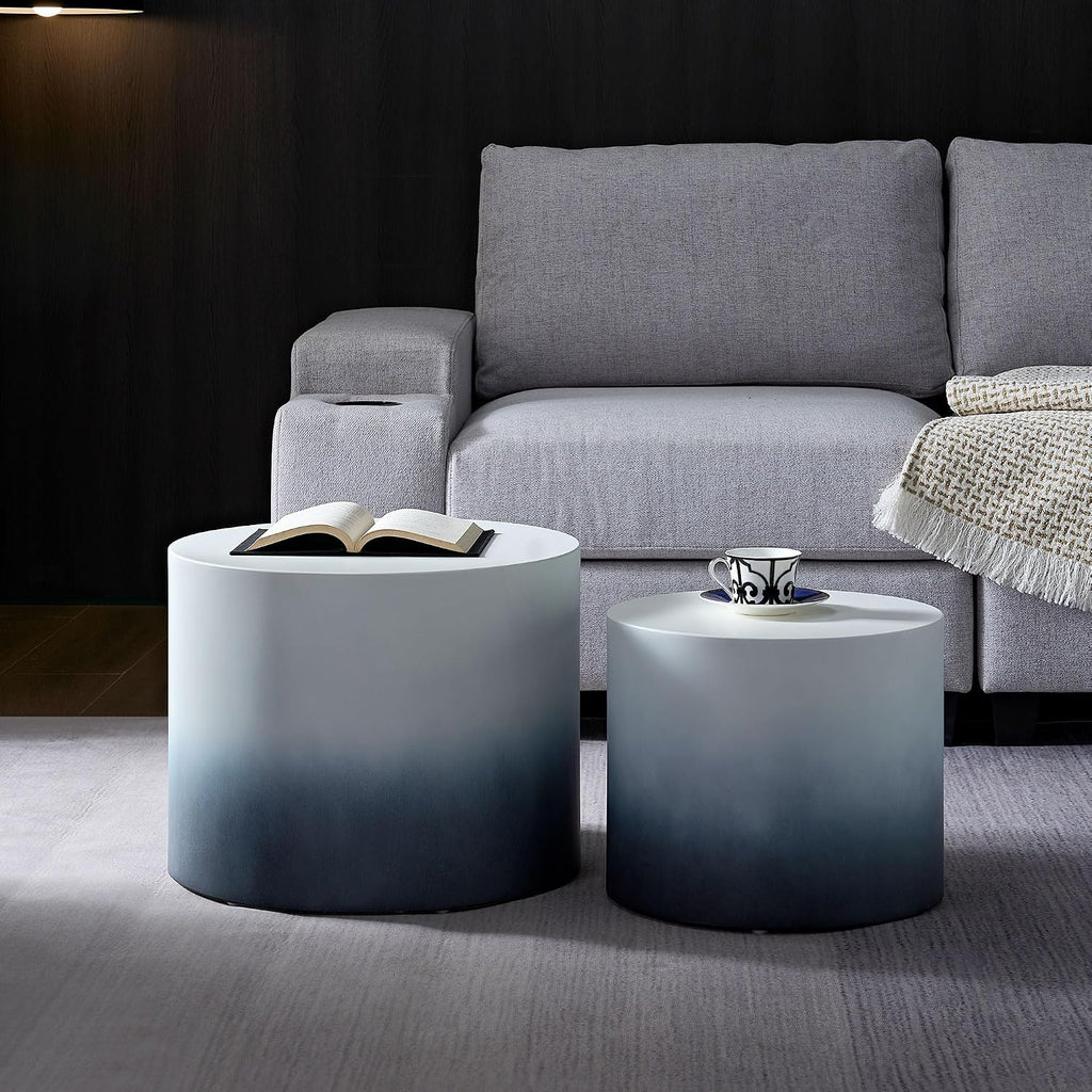 Round Coffee Table Set of 2, Modern Circle Nesting Coffee Table Double Wood End/Side Table for Living Room Small Spaces, Minimalist Abstract Mist Gradient - Black to White,18.9' & 14.96'