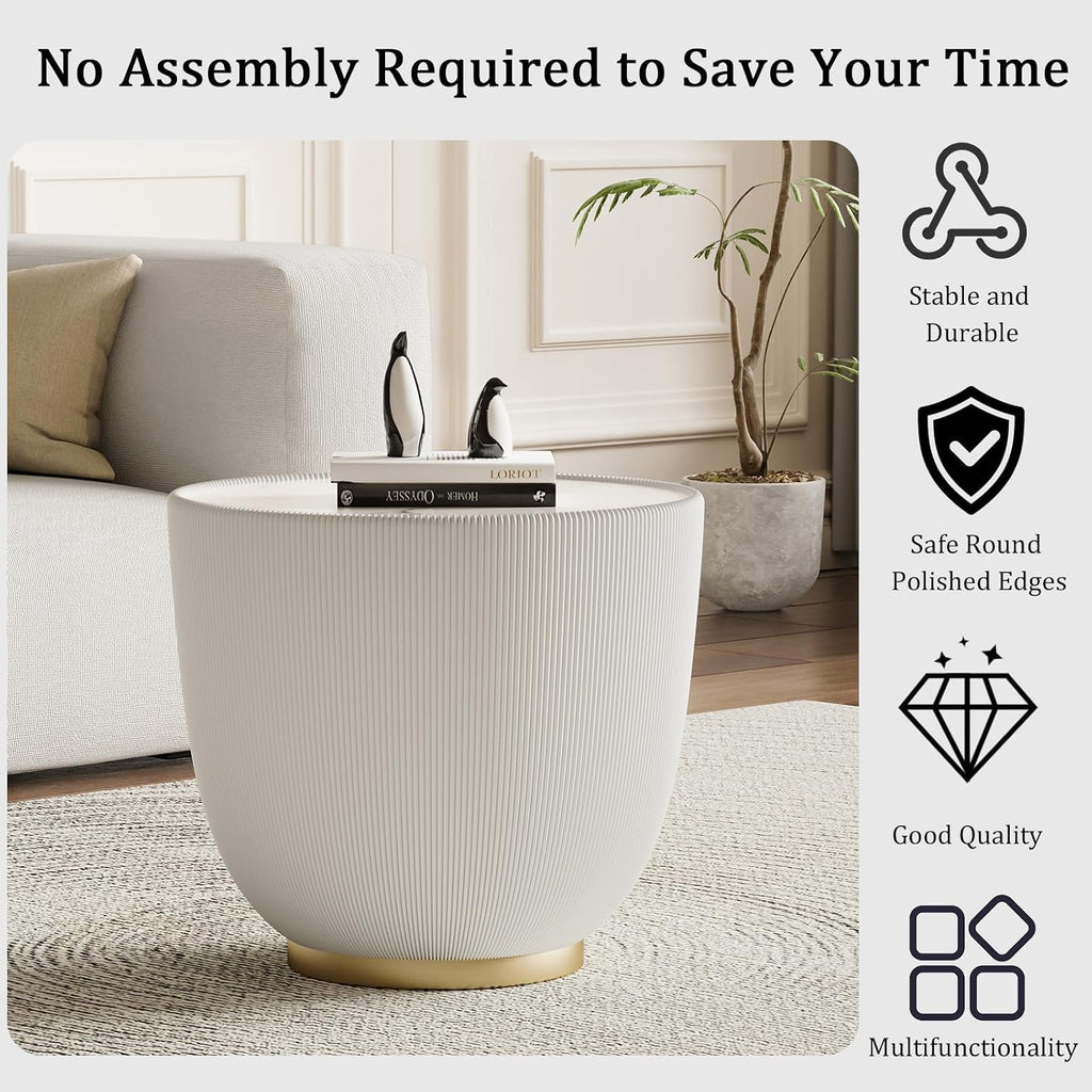 Round Coffee Table Set, 27.56' Black Drum Center Table and 19.69' White Coffee Table Set, 2 Pieces Living Room Table Set with Sintered Stone Tabletop, Fluted PU Leather Covered and Metal Base