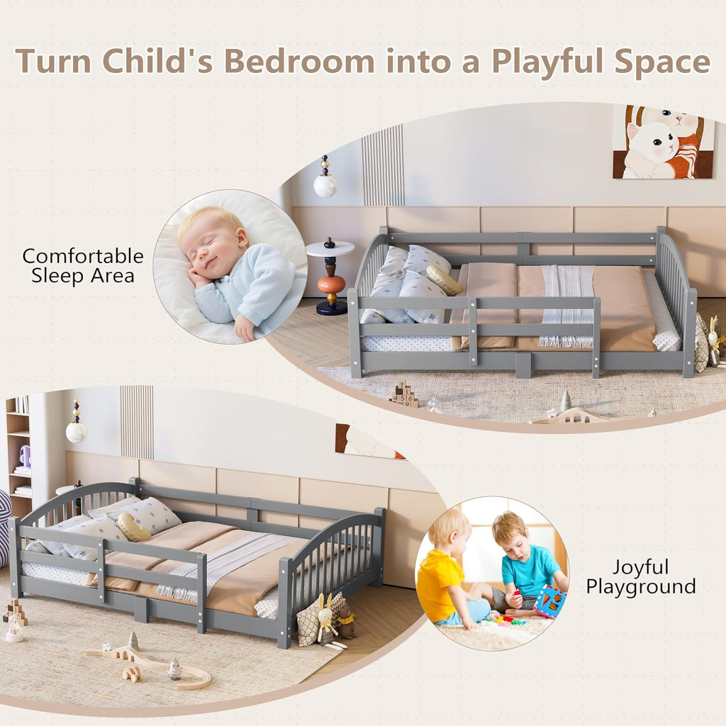 Bellemave Full Size Kids Montessori Floor Bed,Full Size Floor Bed Frame with Slats and Safety Guardrail,Solid Wood Montessori Bed for Girls Boys,Gray