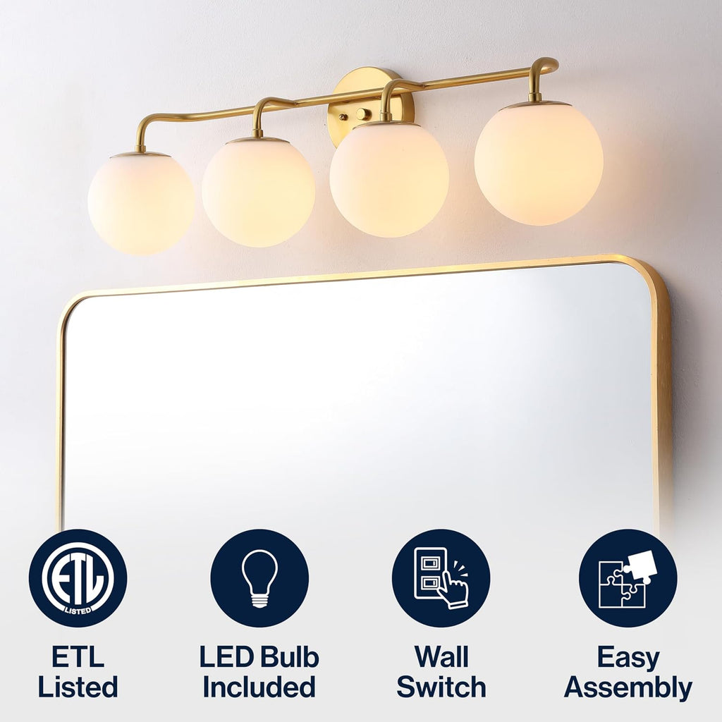 JONATHAN Y 31' Gold Painting Modern Globe Wall Sconce Vanity Light for Bathroom, White Frosted Glass Shade, Midcentury Parisian Bistro Wall Lamp, LED Bulb Included (JYL3558A)