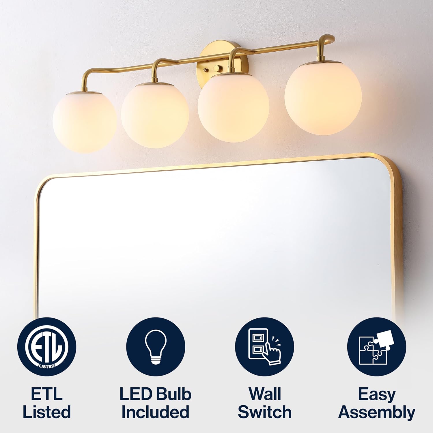 JONATHAN Y 31' Gold Painting Modern Globe Wall Sconce Vanity Light for Bathroom, White Frosted Glass Shade, Midcentury Parisian Bistro Wall Lamp, LED Bulb Included (JYL3558A)