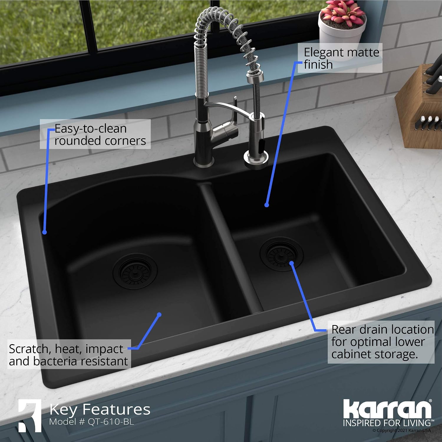 Karran 33' Drop-In/Top Mount Quartz Composite 1-Hole 60/40 Double Bowl Kitchen Sink in Black