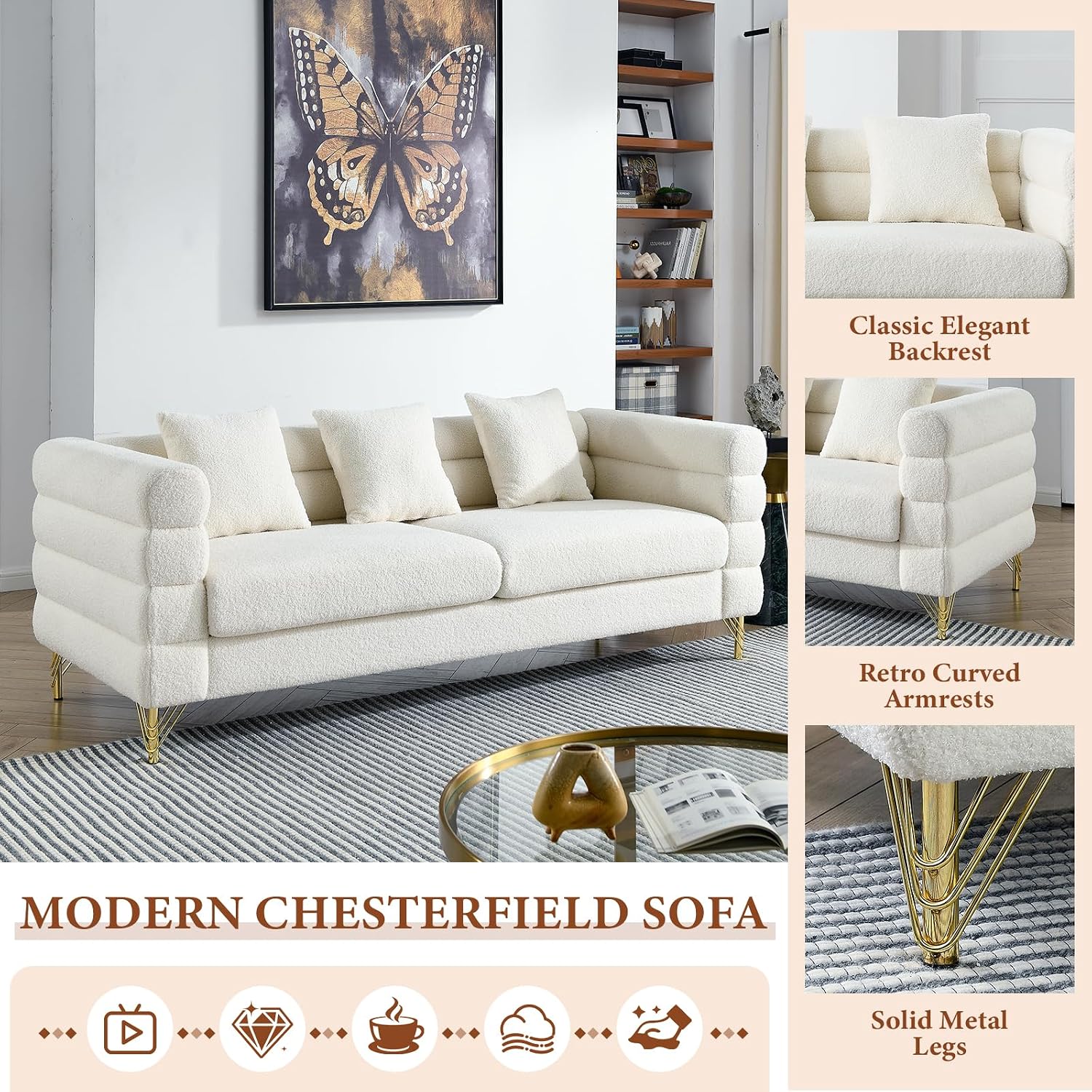 Loveseat Modern Sofa, 81' Teddy Boucle Comfy Cloud Couch Upholstered Deep 3 Seater Sherpa Couch Set with Stylish Metal Legs for Living Room Home Office Bedroom Apartment, White