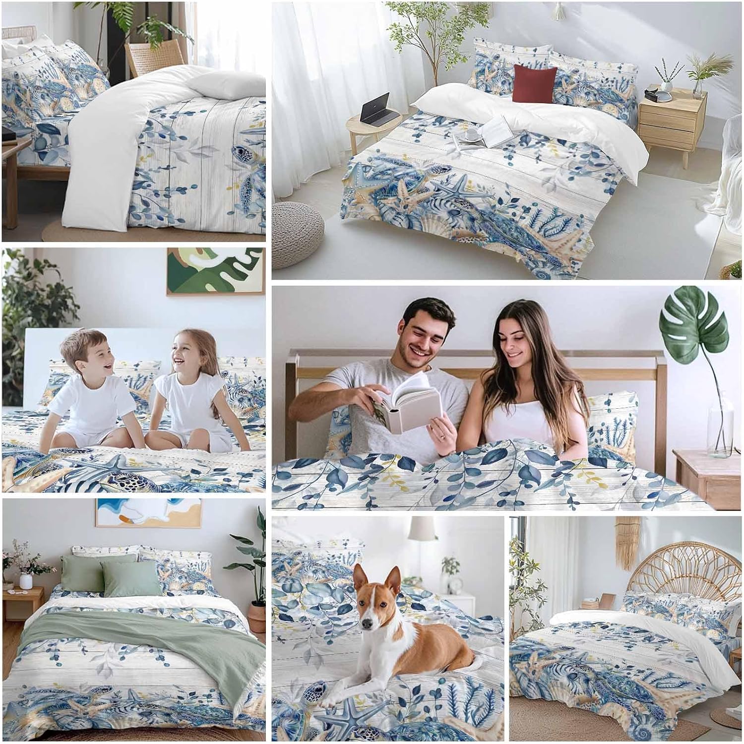 Ocean Turtle Duvet Cover Set Queen Size 4 Pieces Retro Sea Stars Shells Blue Leaf Wood Grain Bedding Set with Zipper Closure, 1 Comforter Cover 92x106 Inches 1 Flat Sheet & 2 Pillow Cases