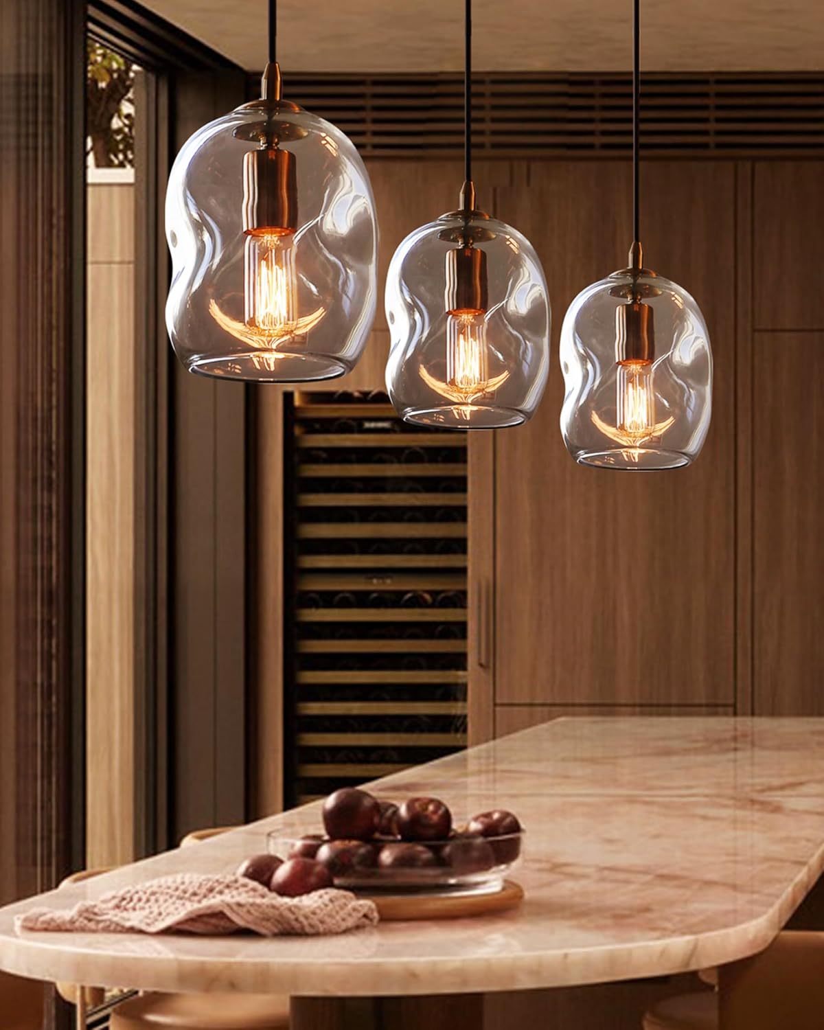 CASAMOTION Pendant Lights Kitchen Island 2 Pack Modern Contemporary Clear Glass Organic Globe Brass Gold Hanging Light Adjustable Cord Bedroom Dining Table Small Medium Lamp 8 Inch