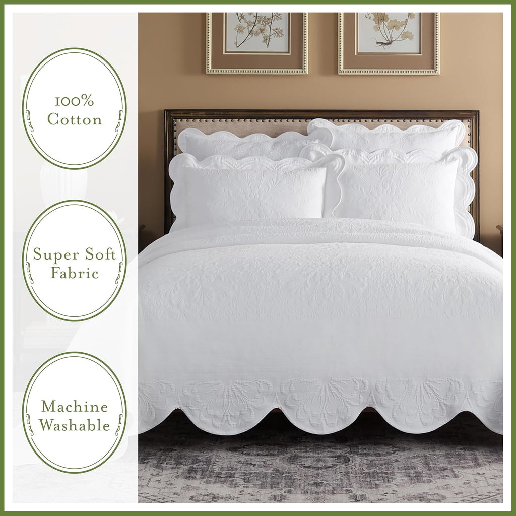 Charleston Estate Modern Farmhouse Floral Matelasse Bedspread with Scalloped Edges, 100% Cotton Breathable Bedding, King/Cal King, White Floral