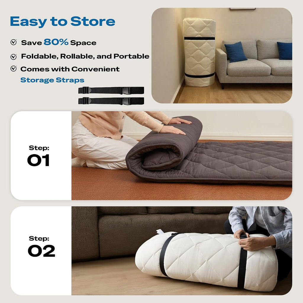 Aircliff Japanese Floor Mattress, Roll Up Tatami Mat, Sleeping Pad, Shikibuton, CertiPUR-US Certified Foam Floor Bed Futon Mattress for Dormitory, Guest Bed, Designed in Japan(Light Grey, Full)