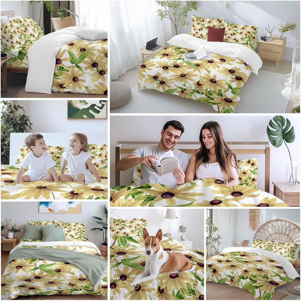 Light Yellow Sunflower Duvet Cover Set Queen Size 4 Pieces Watercolor Flower Green Leaf Spring Country Bedding Set with Zipper Closure, 1 Comforter Cover 92x106 Inches 1 Flat Sheet & 2 Pillow Cases