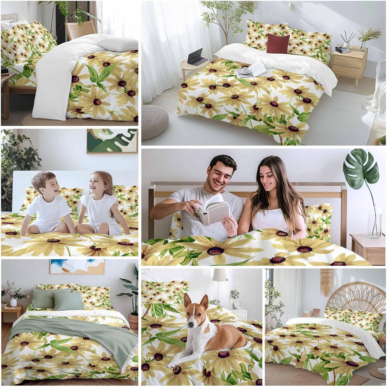 Light Yellow Sunflower Duvet Cover Set Queen Size 4 Pieces Watercolor Flower Green Leaf Spring Country Bedding Set with Zipper Closure, 1 Comforter Cover 92x106 Inches 1 Flat Sheet & 2 Pillow Cases