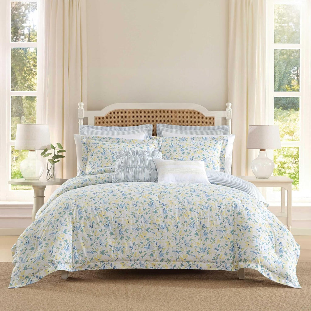 Laura Ashley - Twin Comforter, Soft Reversible Bedding Set, Includes Matching Shams with Bonus Euro Shams & Throw Pillows, Dorm Room Essentials (Nora Blue, Twin)