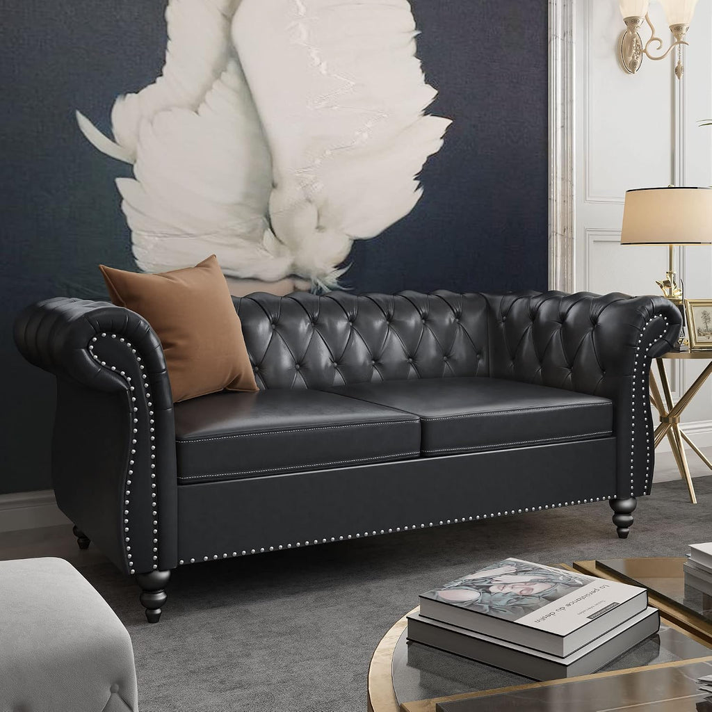 QHITTY Accent Sofa, Chesterfield Loveseat Modern Leather Couch Upholstered Sofa with Tufted Back for Living Room Furniture (Black)