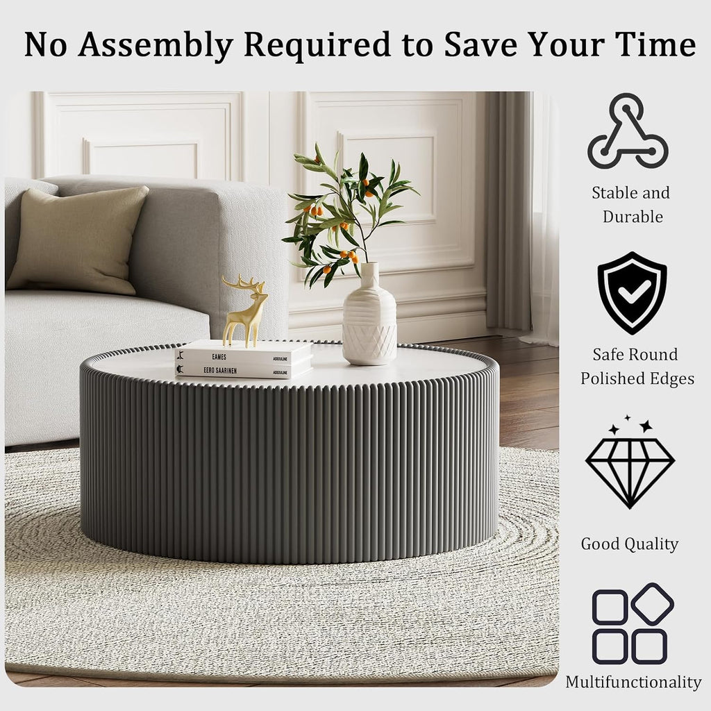 29.52' Grey Round Coffee Table, Drum Coffee Table with Sintered Stone Tabletop and Fluted PU Leather Covered and Stable Base, Circle Cocktail Tea Table for Living Room