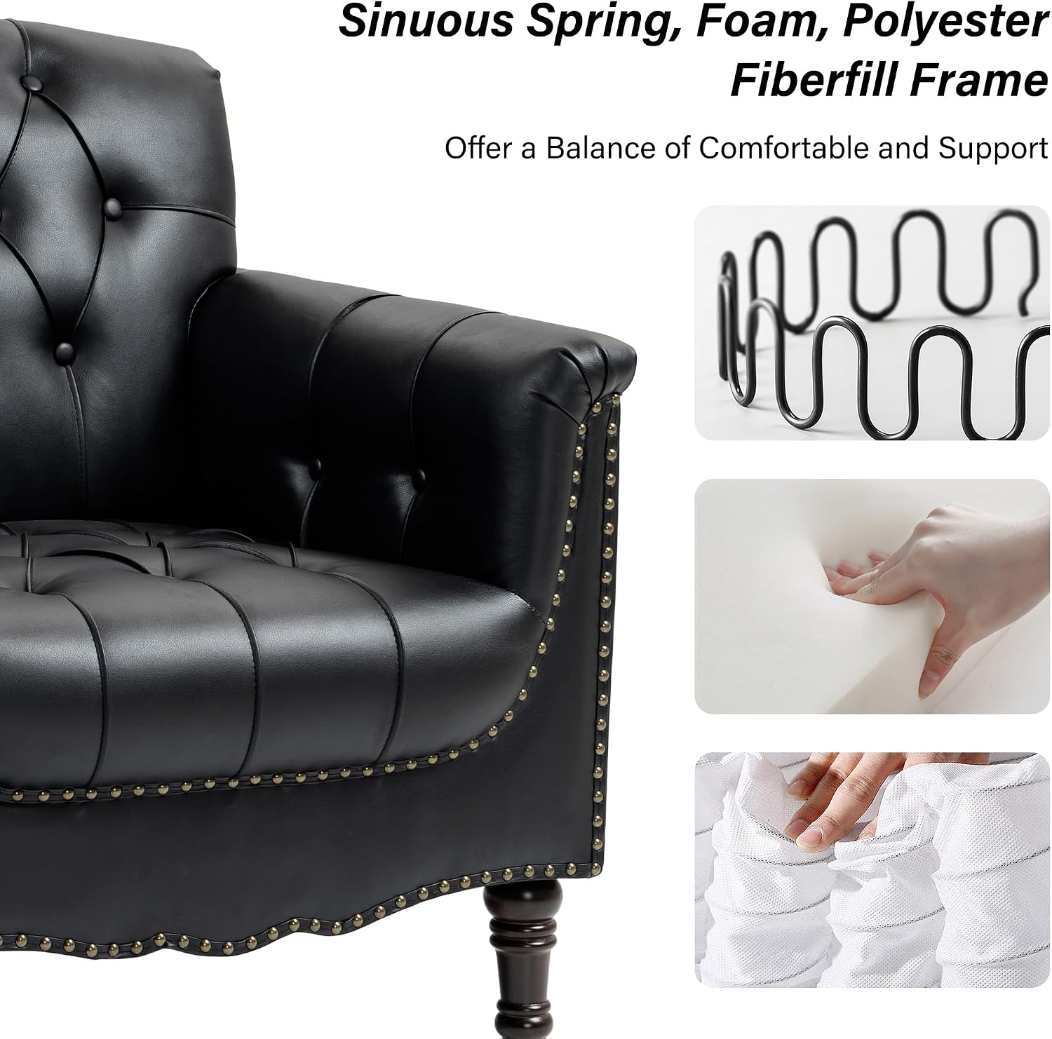 Faux Leather Accent Chair, PU Leather Modern Comfy Upholstered Armchair with Wood Legs & Nailhead Trim for Living Room, Bedroom (Black,Set of 2)