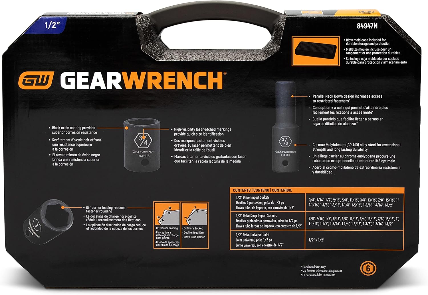 GEARWRENCH 39 Pc. 1/2' Drive 6 Pt. Impact Socket Set, Standard & Deep, SAE - 84947N, Black