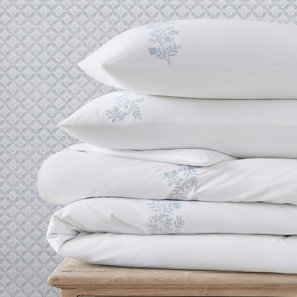Martha Stewart - Queen Duvet Cover Set, 100% Soft Cotton Bed Set with a Smooth Cotton Percale Reverse, 3 Piece Floral Bedding with Matching Pillowcases (Garden Path Embroidery Blue)
