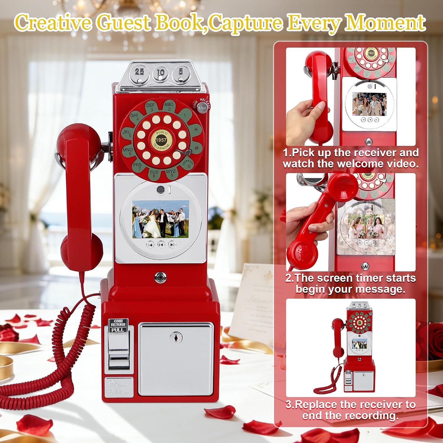 Video Audio Guest Book Wedding Phone, 1080P HD Video Guestbook Phone, Retro-Style Video Guest Book with Long Battery Life for Wedding, Birthday Party, Graduations, Baby Shower (Burgundy Red)