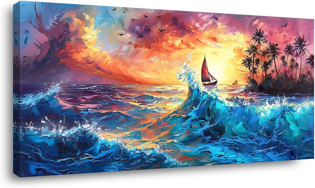 Piy Painting Sailboat Coconut Grove and Blue Waves Under the Sunset Oil Painting Style Wall Art Decor Artwork for Bedroom (30x60 Inches)