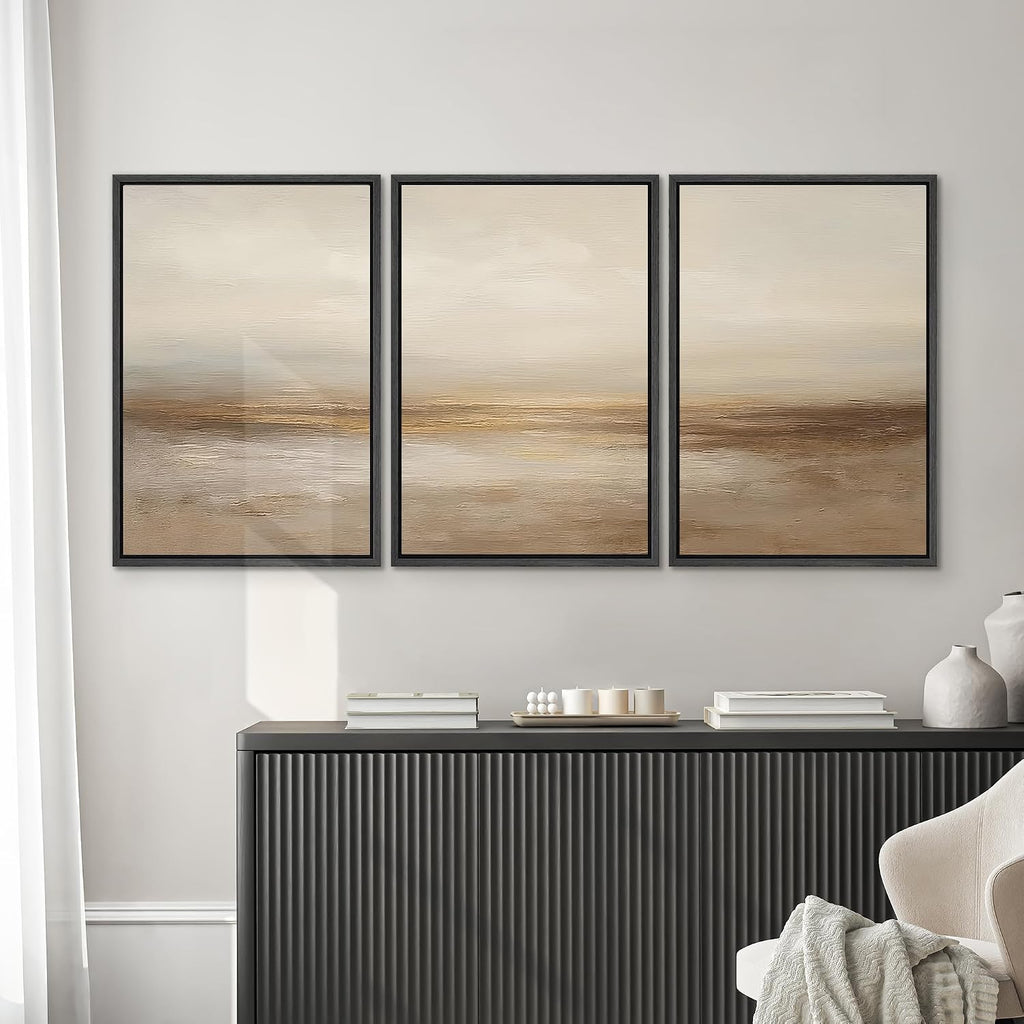 SIGNWIN Framed Wall Art Print Set Beige & Gold Horizon Abstract Minimalist Illustrations Modern Art Chic Multicolor for Living Room, Bedroom, Office - 24'x36'x3 BLACK