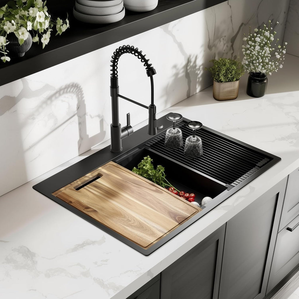 33 inch Gunmetal Black Drop-In Workstation Sink, 18 Gauge Single Bowl Topmount Stainless Steel Kitchen Sink with Spring Neck Faucet and Various Accessories