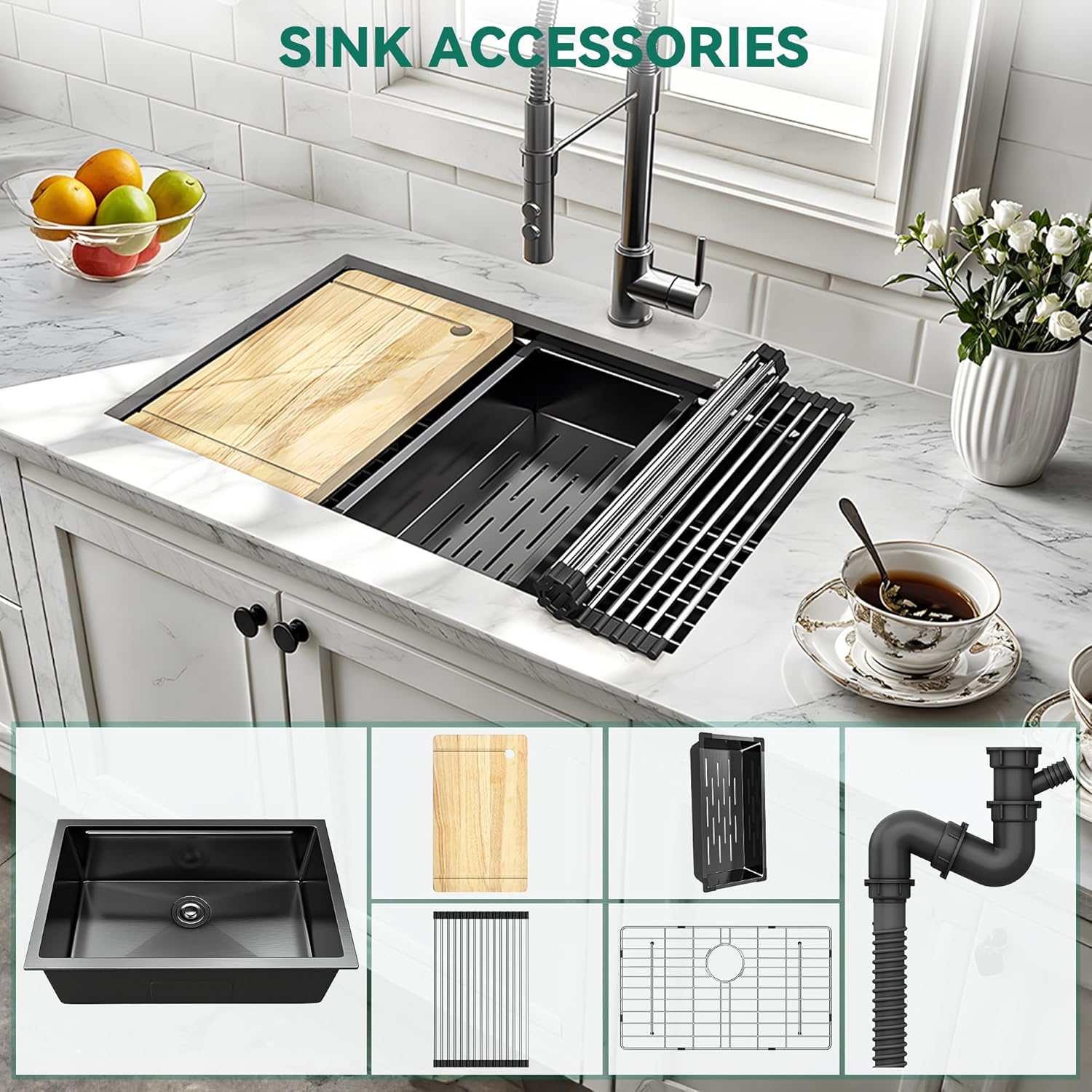 YITAHOME Kitchen Sink 16 Gauge Stainless Steel Drop-In Sinks, Nano Gunmetal Black Undermount Single Bowl Basin with Ledge and Accessories for Workstation, RV, Prep Kitchen, Bar Sink, 30 x 19 x 10 Inch