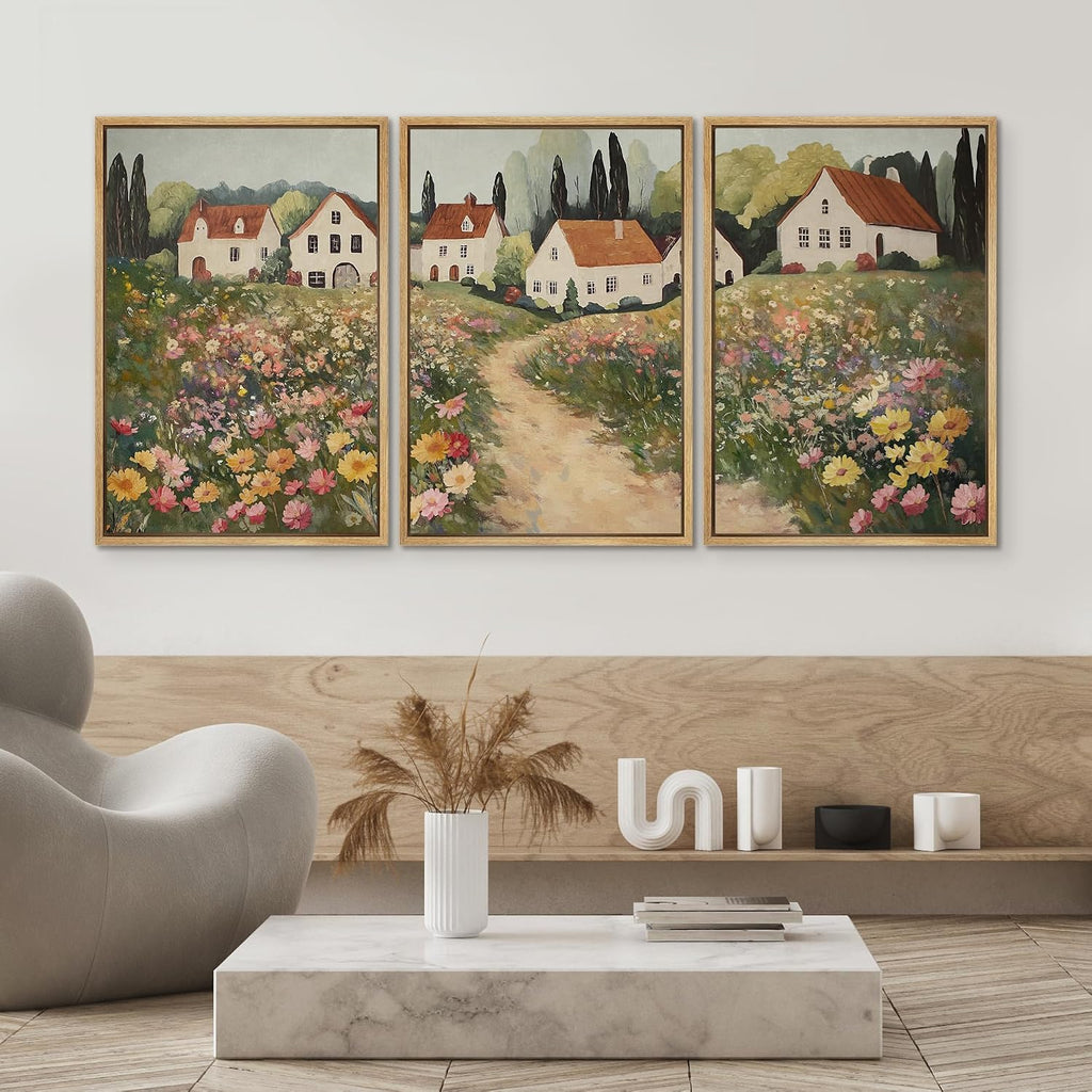 SIGNWIN Framed Canvas Print Wall Art Set Cottage Garden Path Vintage Floral Village Landscape Illustrations Modern Art Contemporary Minimal Ultra for Living Room, Bedroom, Office - 24'x36'x3 Natural