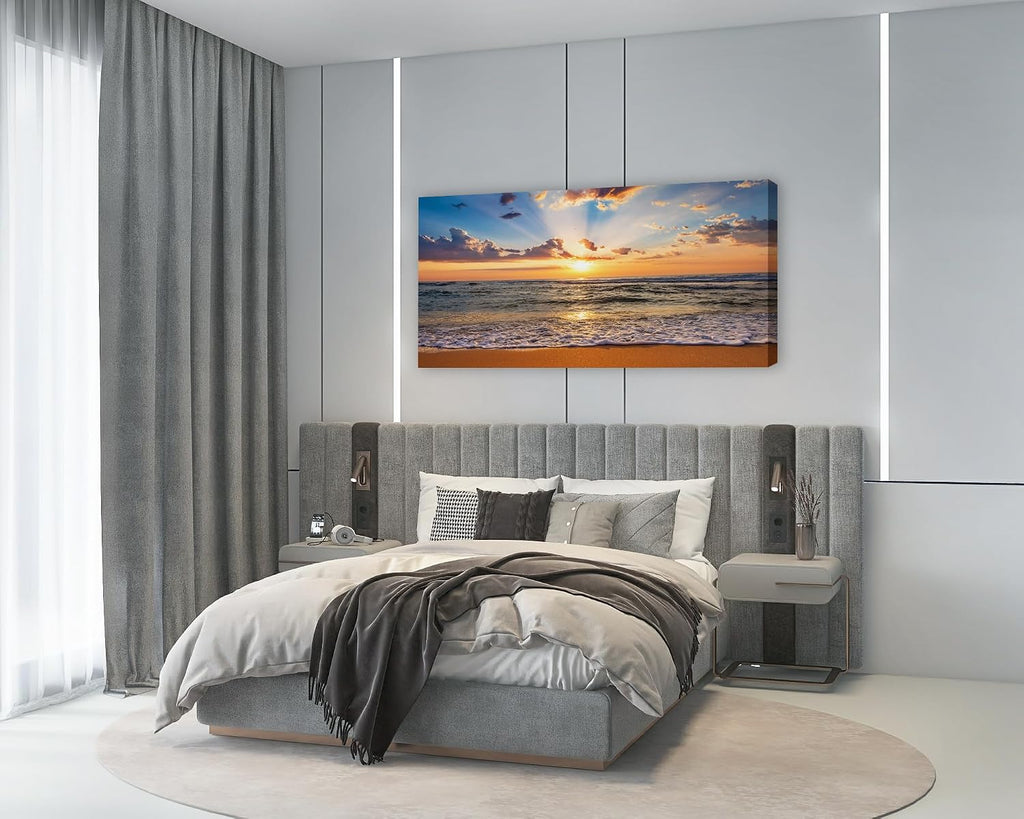 Muolunna BK1898 Wall Art Decor Large Canvas Print Picture Sunrise Ocean Beach 1 Panel Waves Scenery Painting Artwork for Office Wall Decor Home Decoration Stretched and Framed Ready to Hang