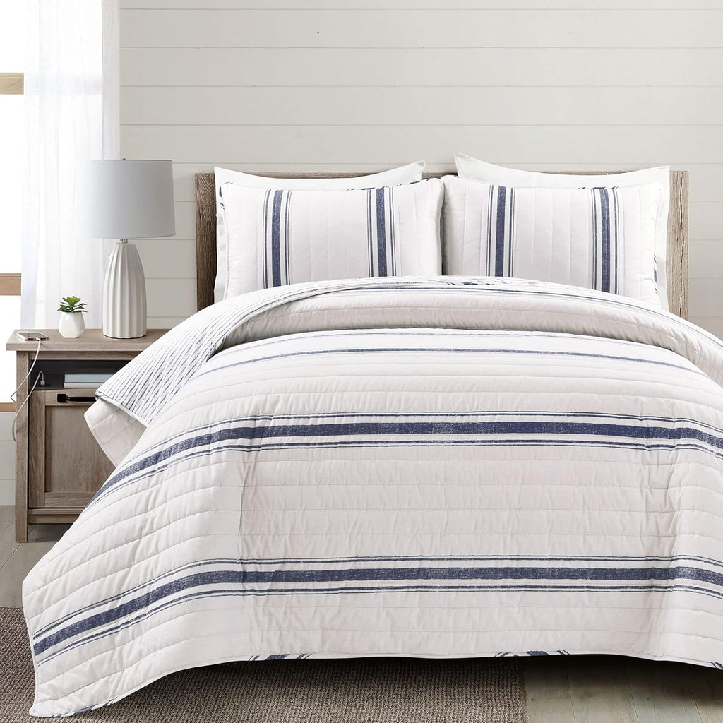 Lush Decor Farmhouse Stripe Reversible Cotton Quilt King Size 3 Piece Set Navy - Farmhouse Bedding Set King Quilt - Striped Bedding