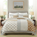 Finlonte King Size Quilt, 100% Cotton Comforter King Size, Brown Grey Farmhouse Quilted Bedspread, Patchwork Lightweight Reversible Quilt Bedding Set for King Bed, 3-Pieces