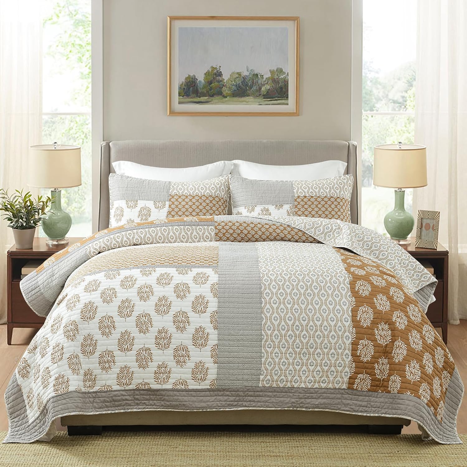 Finlonte King Size Quilt, 100% Cotton Comforter King Size, Brown Grey Farmhouse Quilted Bedspread, Patchwork Lightweight Reversible Quilt Bedding Set for King Bed, 3-Pieces