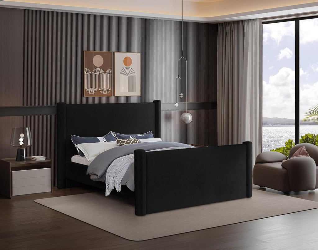 Meridian Furniture B1298Black-F Elias Collection Modern | Contemporary Full Bed with Soft Black Velvet, Solid Wood Inner Frame, 68' W x 83.5' D x 52' H, Black, Full