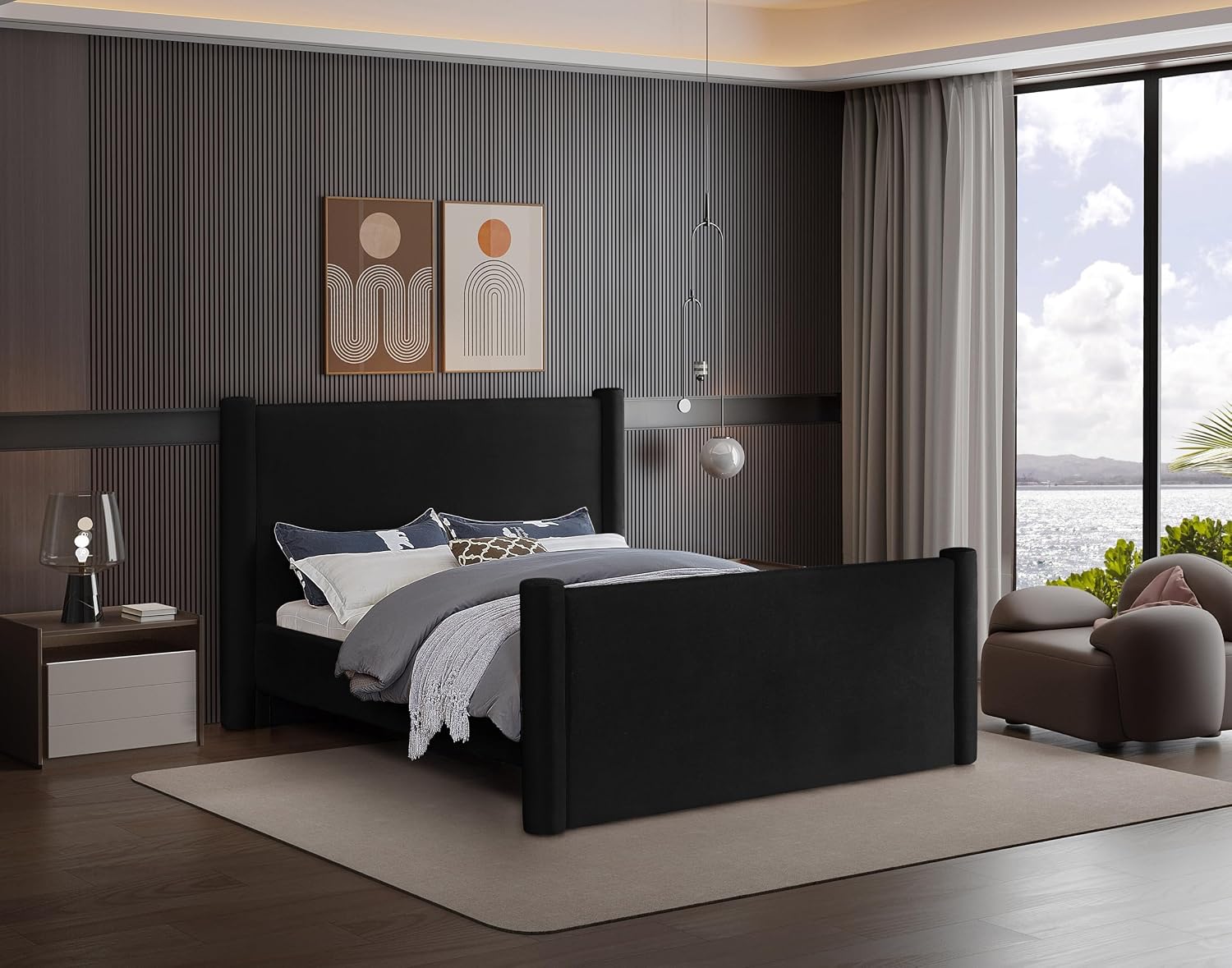 Meridian Furniture B1298Black-K Elias Collection Modern | Contemporary King Bed with Soft Black Velvet, Solid Wood Inner Frame, 89' W x 88.5' D x 52' H, Black, King