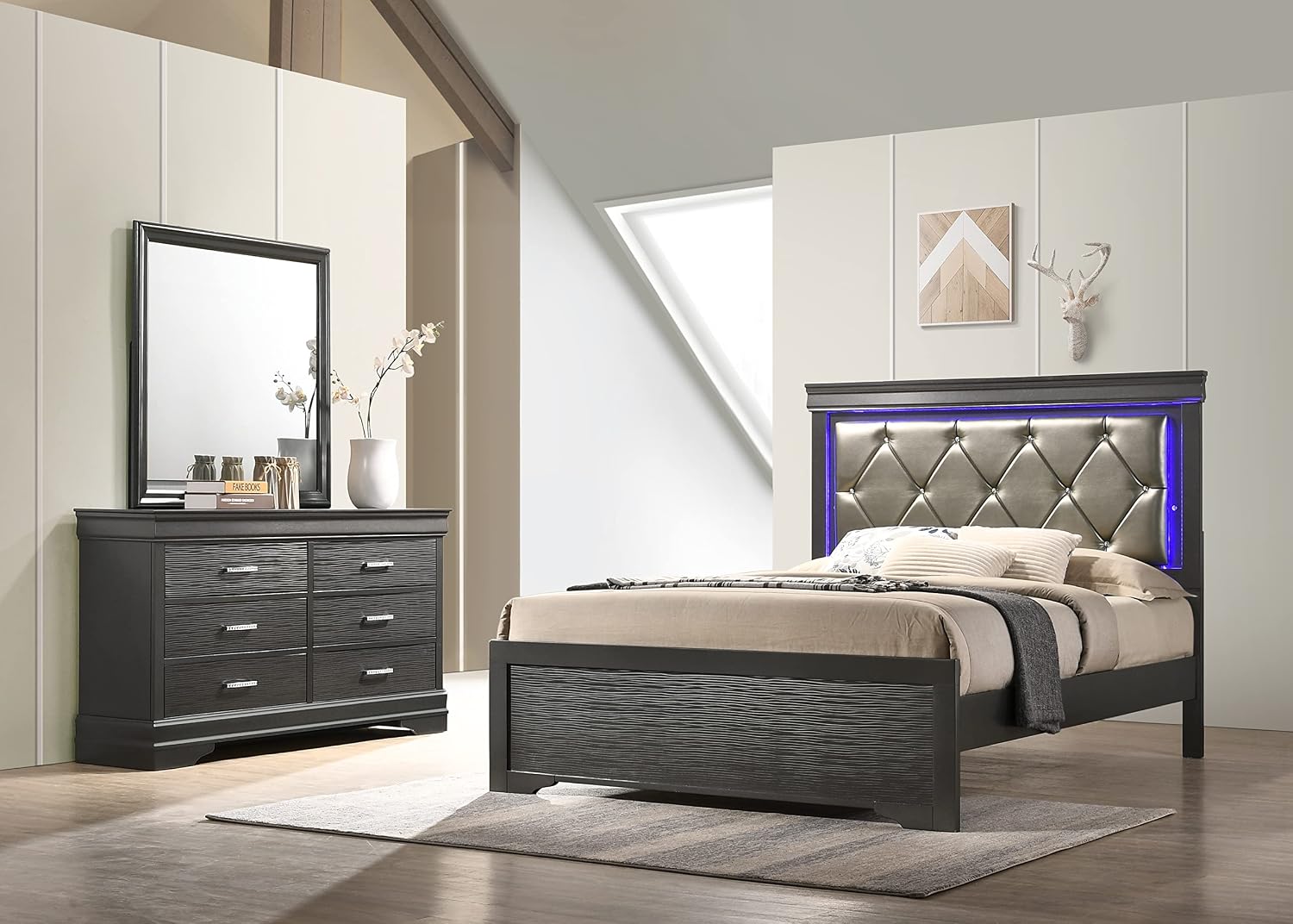 Full 5 Pc Tufted Upholstery LED Bedroom Set Made with Wood in Gray