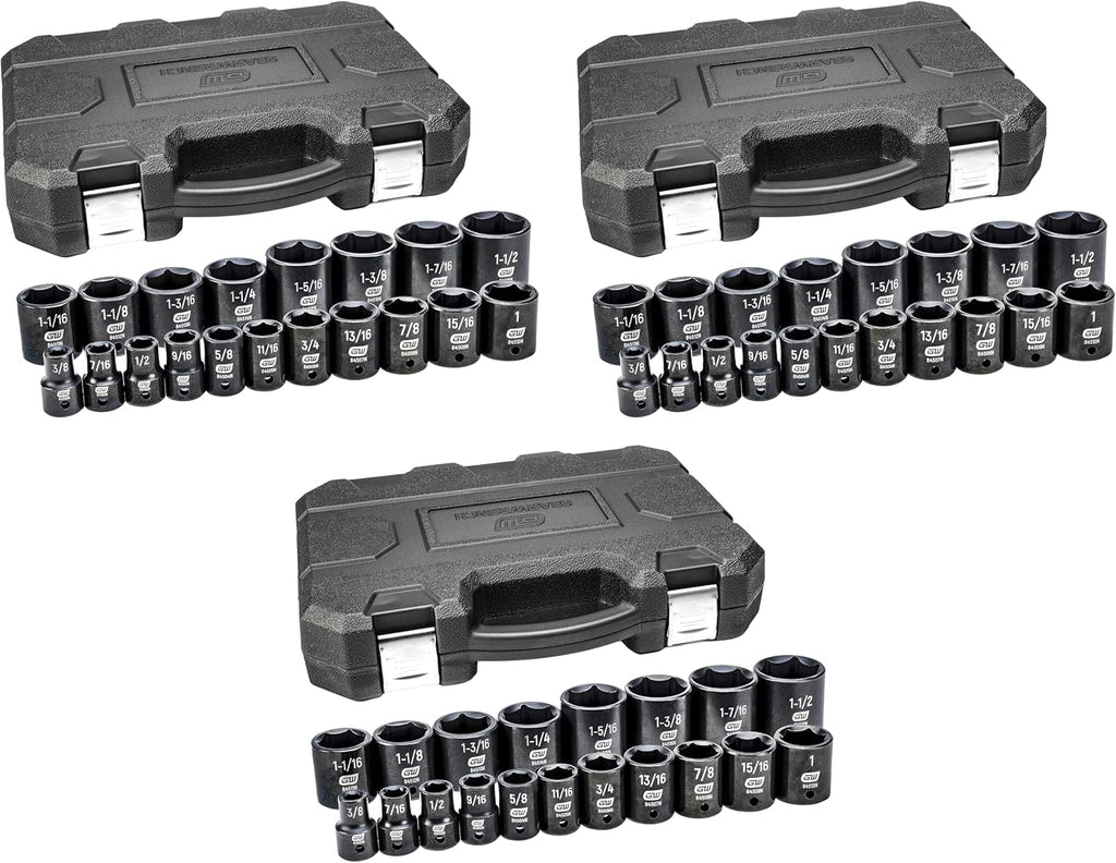 GEARWRENCH 19 Pc. 1/2' Drive 6 Pt. Standard Impact Socket Set, SAE - 84932N (Pack of 3)