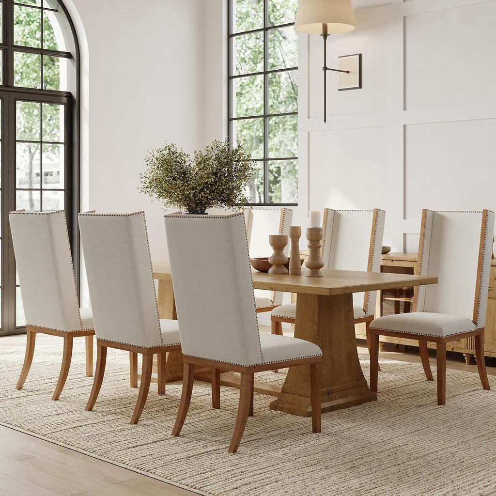 High Back Upholstered Dining Chairs Set of 4, Parsons Fabric Dining Room Chairs with Solid Wood Legs and Nailhead Trim, Farmhouse Wingback Side Chair for Kitchen/Dining Room, Beige