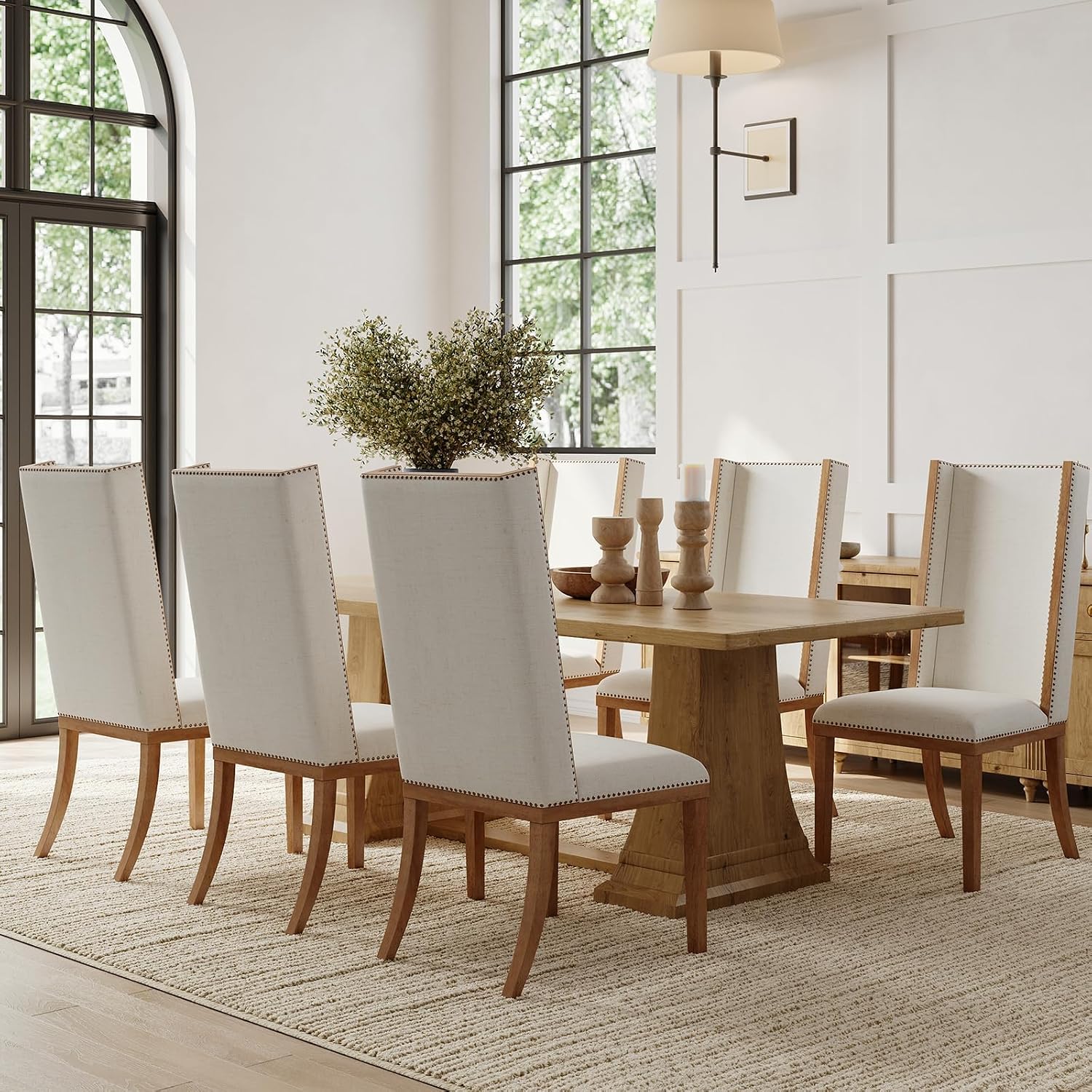 High Back Upholstered Dining Chairs Set of 4, Parsons Fabric Dining Room Chairs with Solid Wood Legs and Nailhead Trim, Farmhouse Wingback Side Chair for Kitchen/Dining Room, Beige