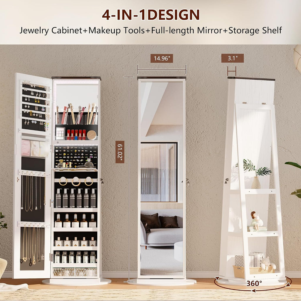 LVSOMT LED Mirror Jewelry Cabinet Standing, 360° Swivel Jewelry Organizers and Storage, Farmhouse Mirror with Jewelry Storage, Lighted Jewelry Armoire with Full Length Mirror (White Wood)