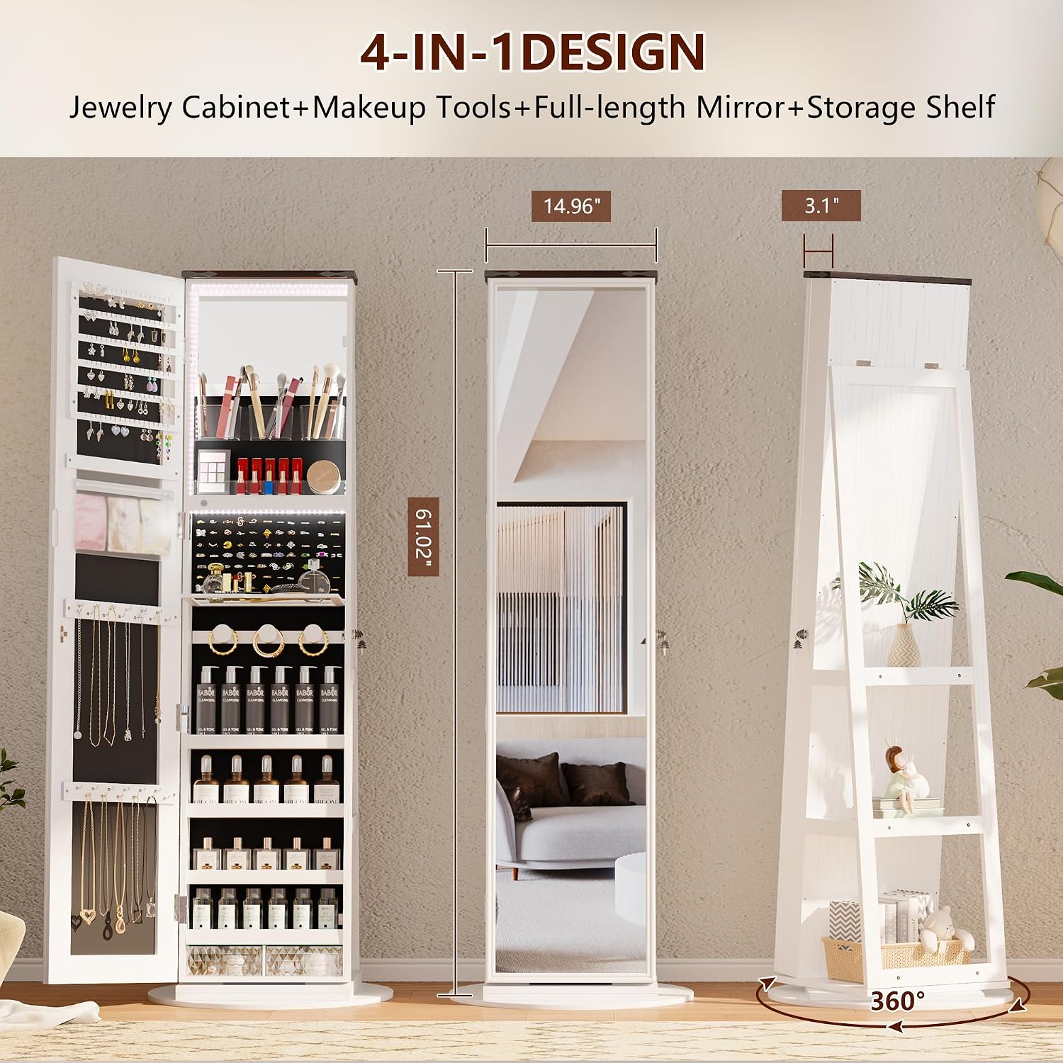 LVSOMT LED Mirror Jewelry Cabinet Standing, 360° Swivel Jewelry Organizers and Storage, Farmhouse Mirror with Jewelry Storage, Lighted Jewelry Armoire with Full Length Mirror (White Wood)