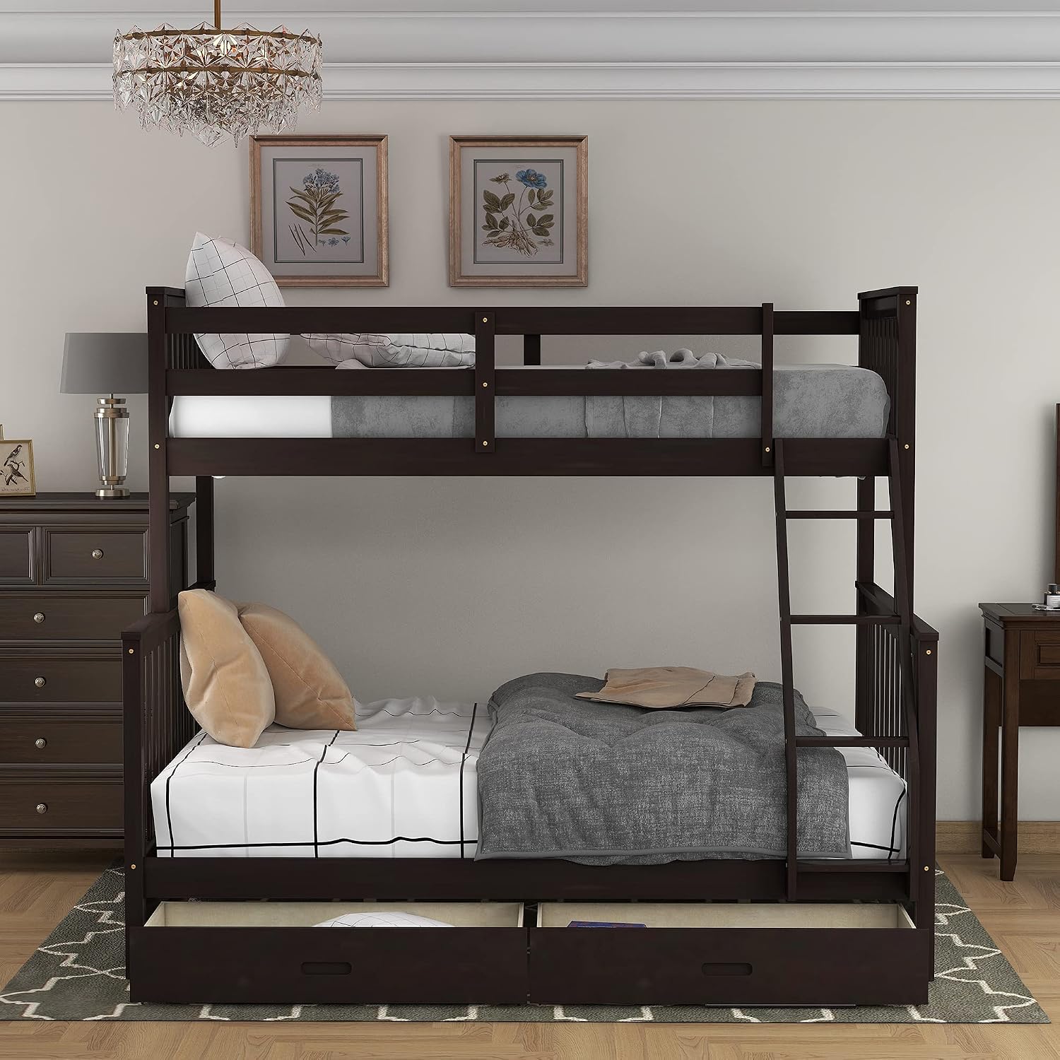 Harper & Bright Designs Twin Over Full Bunk Bed with Drawers and Ladder, Espresso