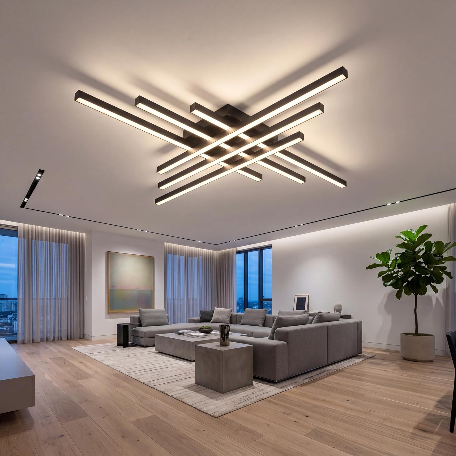 Modern LED Ceiling Lights 43.3' Black Flush Mount Ceiling Light Fixture Sputnik Dimmable Ceiling Lights with Remote Control for Bedroom Living Room Kitchen Room(6 Lights)