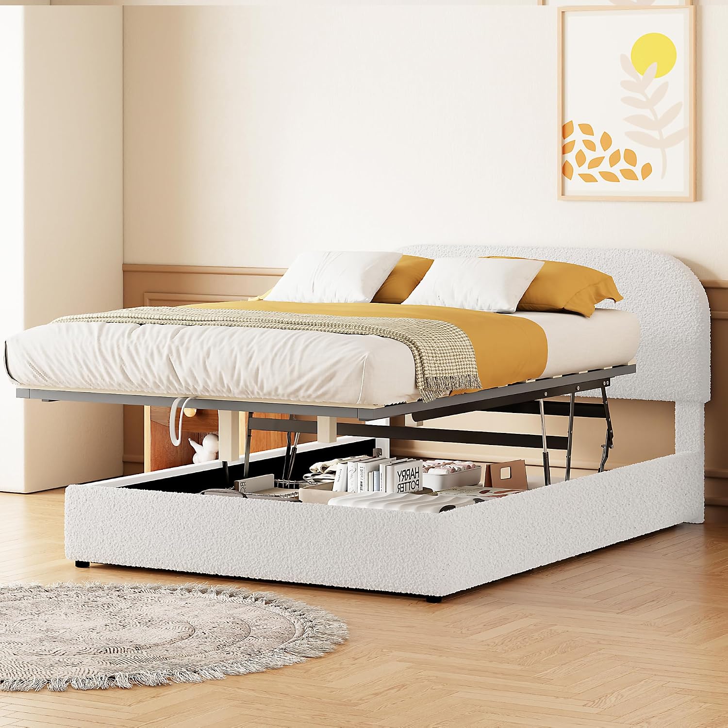 Upholstered Platform Bed with Hydraulic Storage System and Curved Shaped Headboard, Full Size Wood Bed Frame for Kids Adults Bedroom Furniture, Teddy Fleece Thick Upholstered Bed Grounded Bed