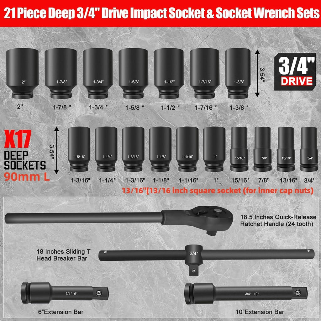 TONYNOL 3/4 Inch Drive Impact Socket Set,6 Point,SAE Sizes(3/4' to 2'),21Pcs,Cr-Mo Steel,Includes Adapters and Quick Release Ratchet Wrench,With a Storage Case.