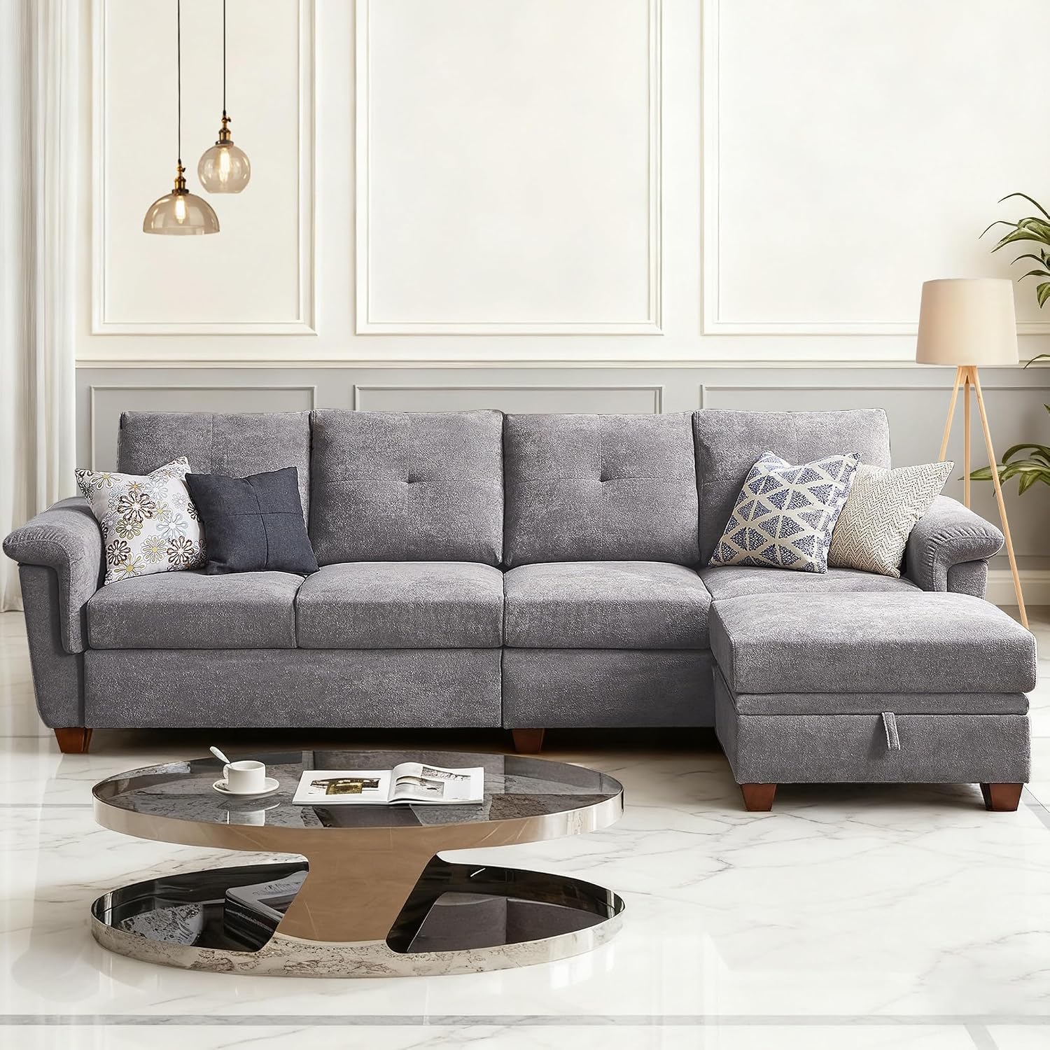 4-Seat Sectional Couches for Living Room, Bedroom, Office with Storage, L Shape Convertible Sectional Sofa Couch with Ottoman and Cup Holders, Light Grey