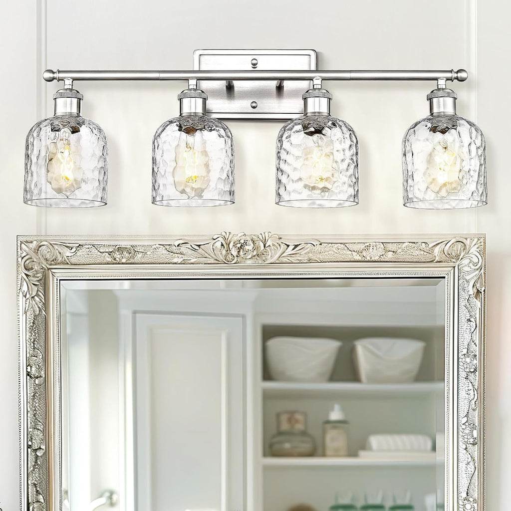 zeyu 27 Inch Bathroom Wall Light Over Mirror, 4-Light Vanity Lighting Fixture, Brushed Nickel Finish with Clear Hammered Glass, ZJF63B-4W BN