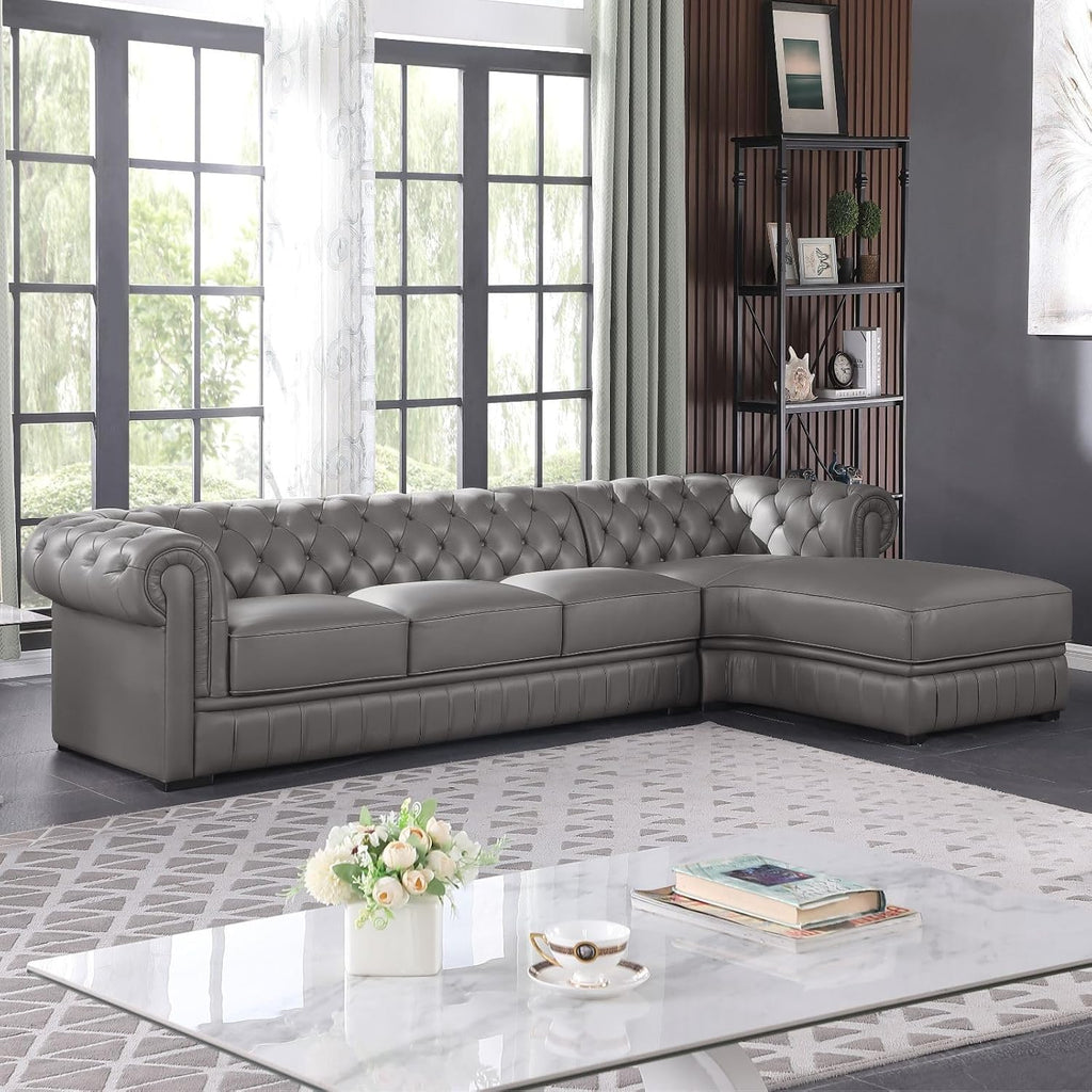 Genuine Leather Sectional Couch, L Shape Top Grain Leather Sofa with 5 Seaters for Living Room Furniture Set, Chesterfield Couches with Button Tufted Design for House/Lounge,Gray