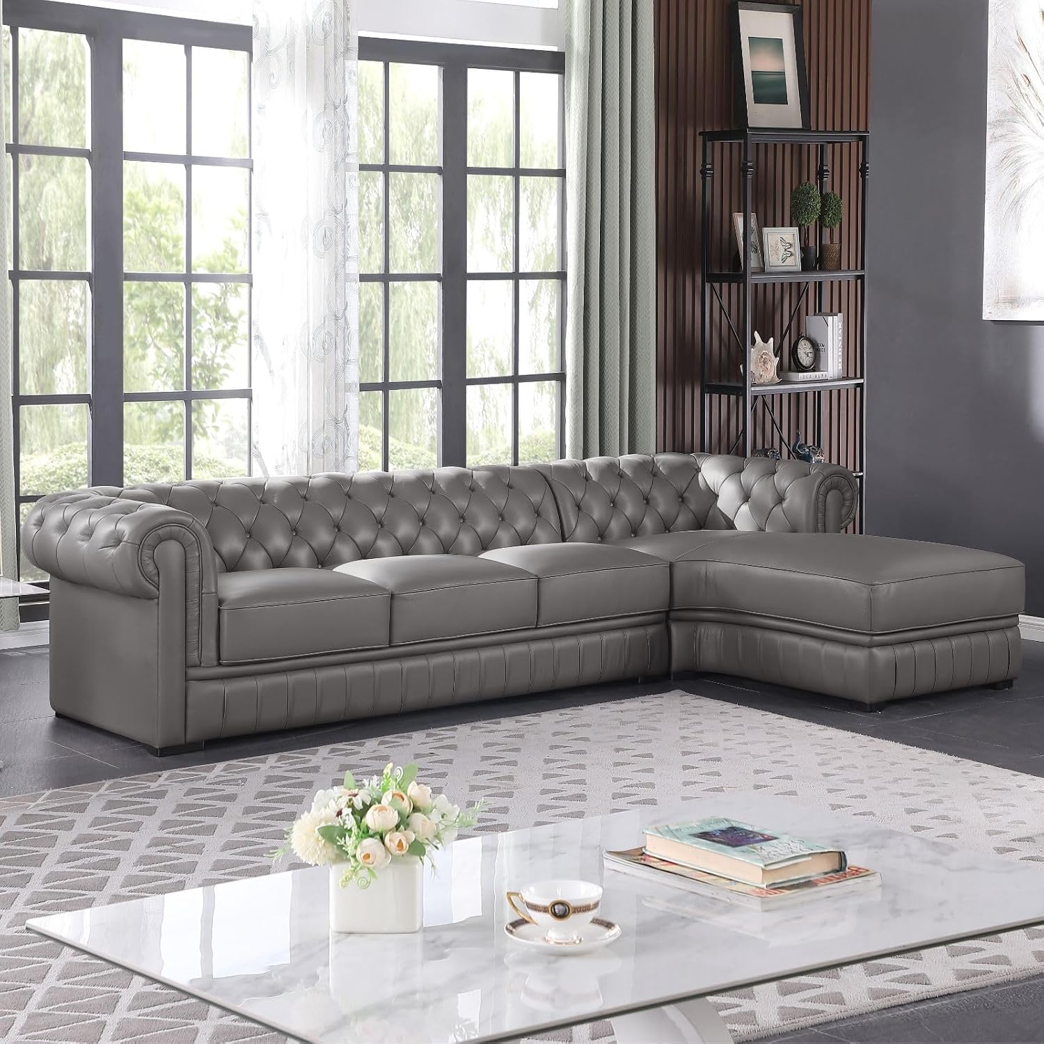 Genuine Leather Sectional Couch, L Shape Top Grain Leather Sofa with 5 Seaters for Living Room Furniture Set, Chesterfield Couches with Button Tufted Design for House/Lounge,Gray
