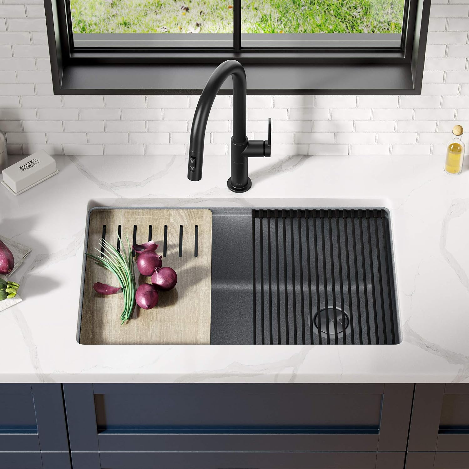 KRAUS Kitchen Sink Bellucci 29' Undermount Workstation Granite, Metallic Gray, Accessories, KGUW2-30MGR