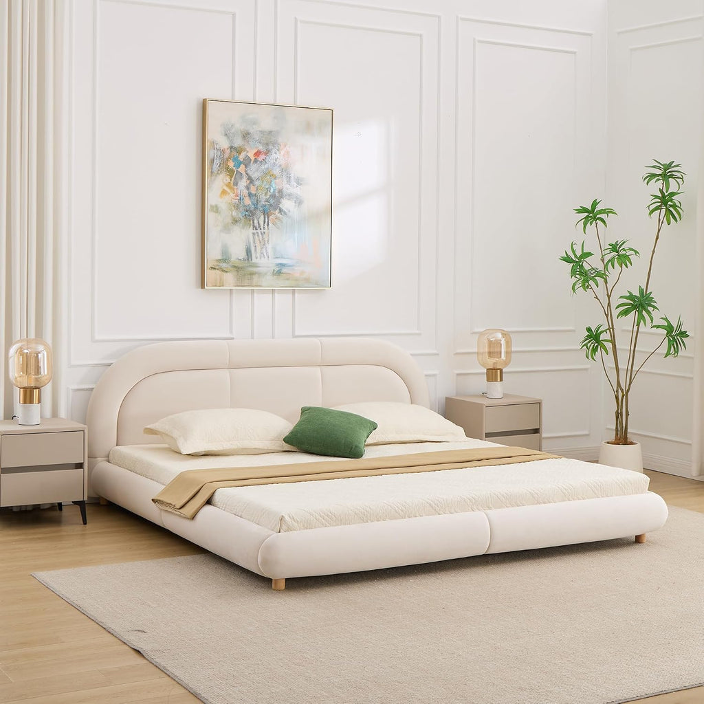 Curve-Shaped Upholstered Platform Bed with Curved Shaped Rounded Headboard, King Size Wood Bed Frame for Kids Adults Bedroom Furniture, Velvet Thick Fabric Upholstered Bed Grounded Bed (Beige-7, King)